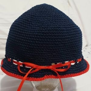 Navy Blue and Red Woman's Cloche Hat Red Satin Bow